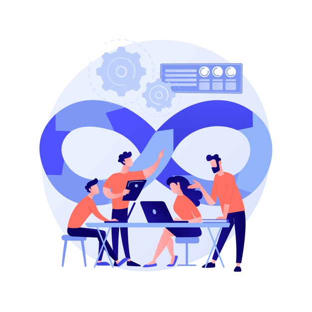 Devops team abstract concept vector illustration. software development team member, agile workflow, devops team model, it teamwork, project management, integrated practice abstract metaphor. Free Vector