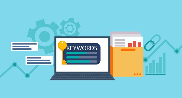 Keywords research banner. laptop with a folder of documents and graphs and key. Free Vector