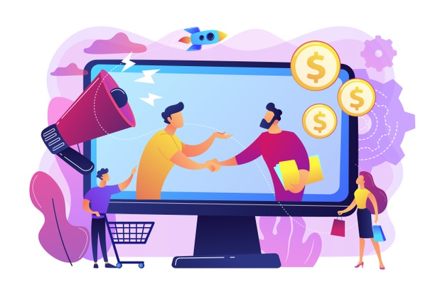 Profitable partnership, business partners cowork. affiliate marketing, cost effective marketing solution, affiliate marketing management concept. Free Vector