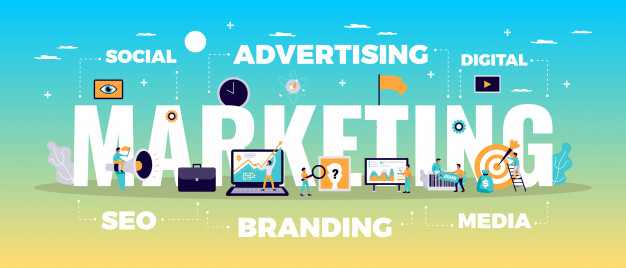 Digital marketing concept with online advertising and media symbols flat Free Vector