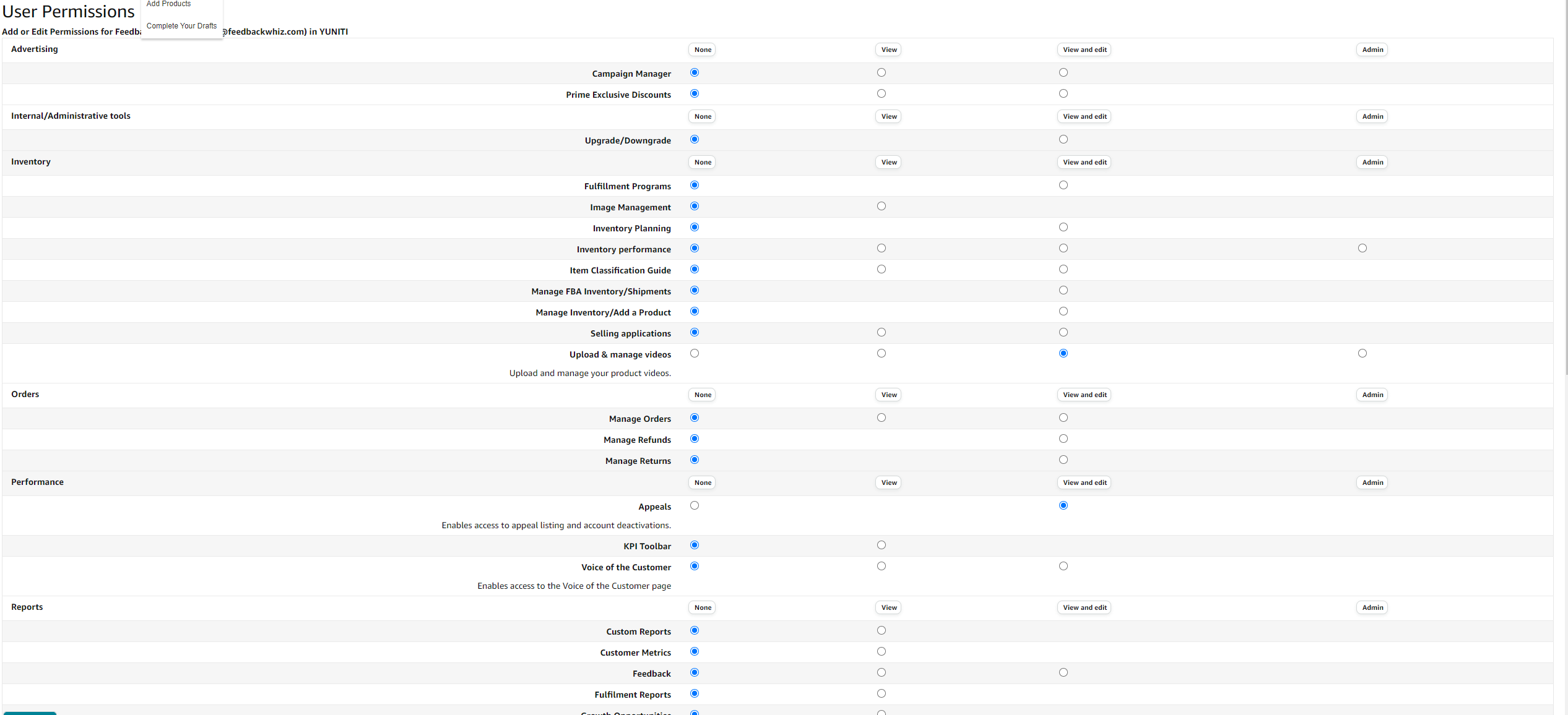 Amazon Seller Central | Accessing Manage Permissions for the New User
