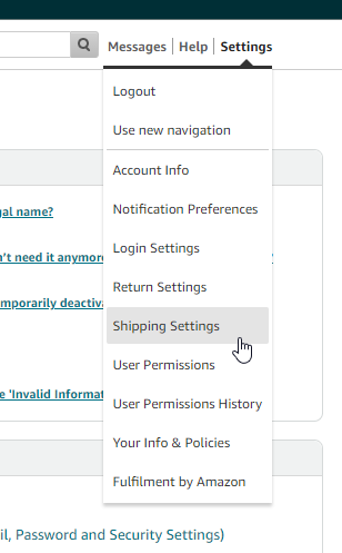 Amazon Seller Central | Navigate to Shipping Settings