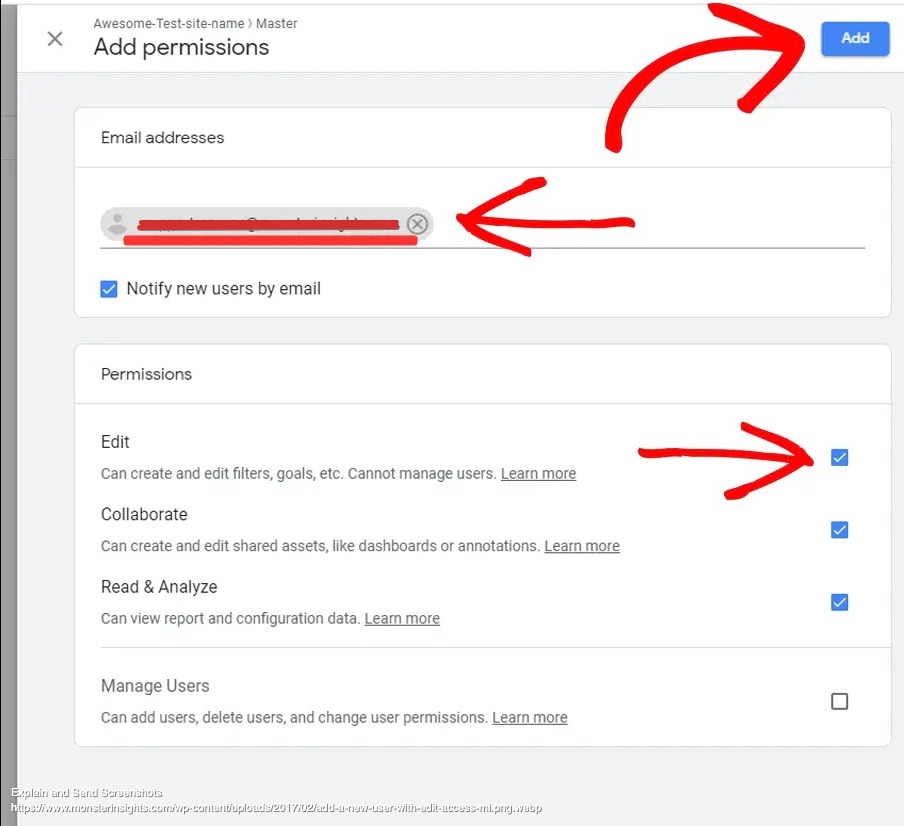 新增電子郵件地址並使用勾選框編輯使用者權限，然後按下藍色新增按鈕