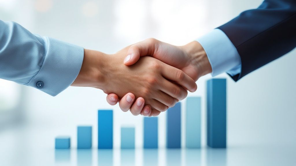 A team collaborating around a desk with charts and data visualizations.