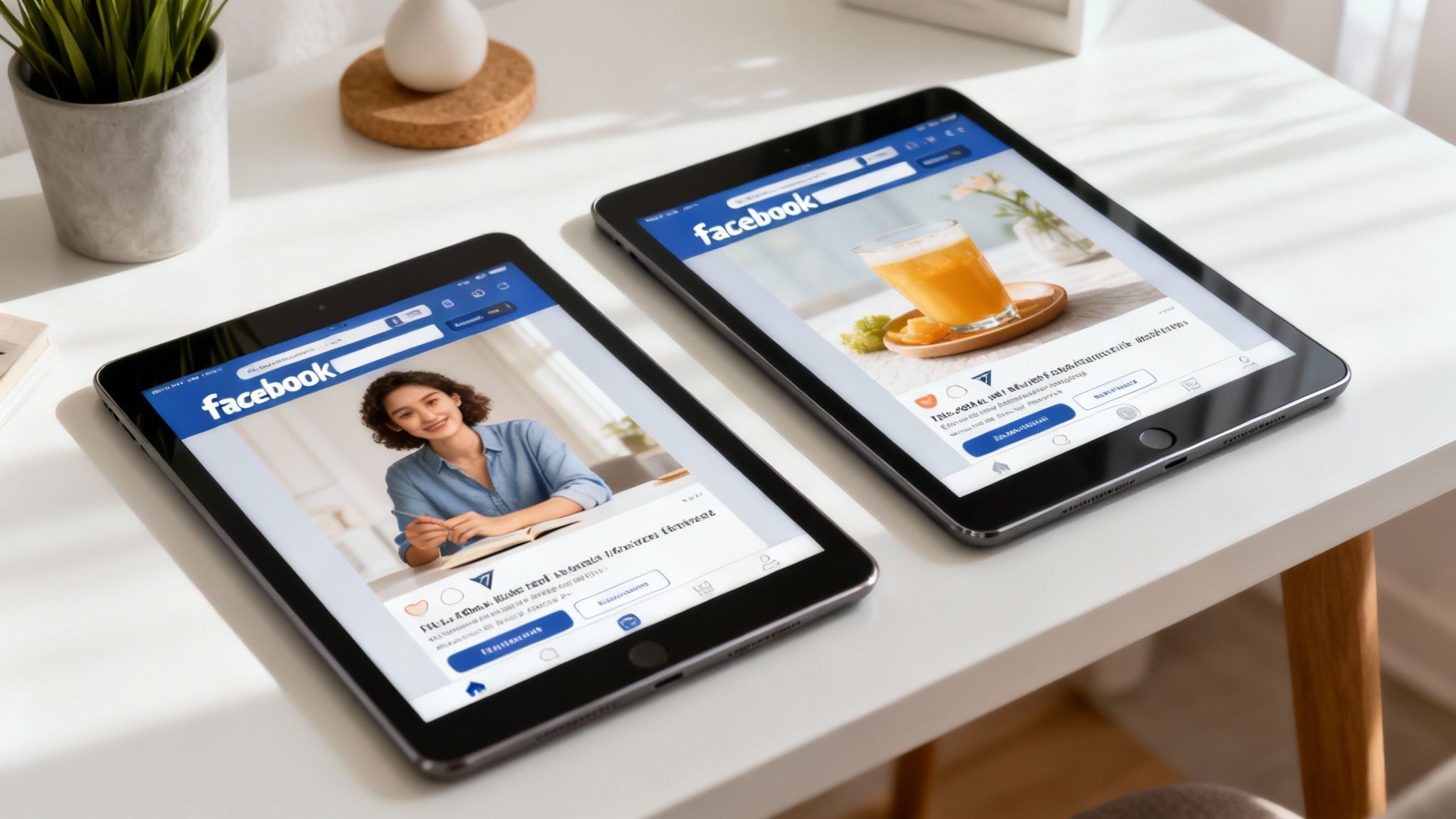 A graphic showing a split-test comparison between Ad "A" and Ad "B" with different images and headlines, leading to performance metrics that indicate which ad is the winner.