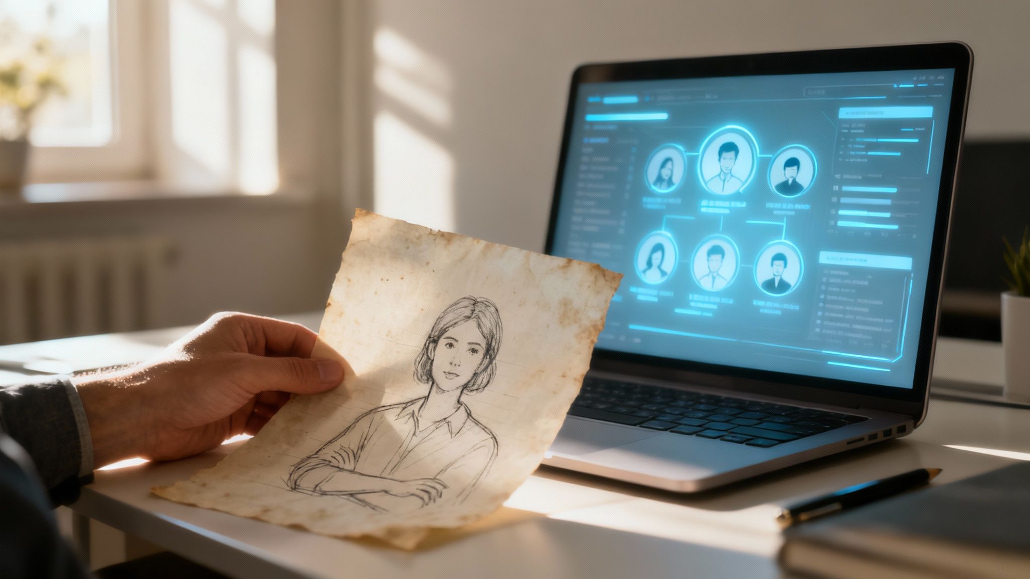 A professional marketer reviewing data-driven charts and customer profiles on a large screen to create buyer personas.