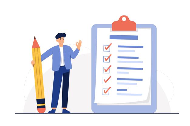 Businessman holding pencil at big complete checklist with tick marks Free Vector