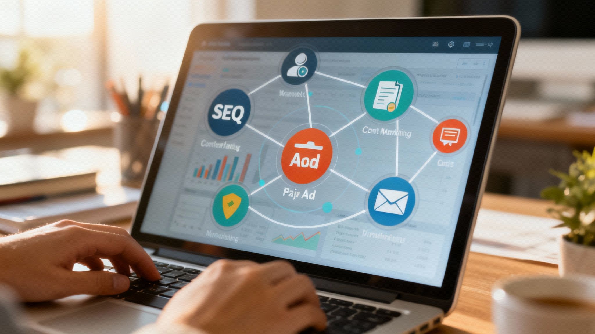 A person using multiple digital devices, representing the different marketing channels available.