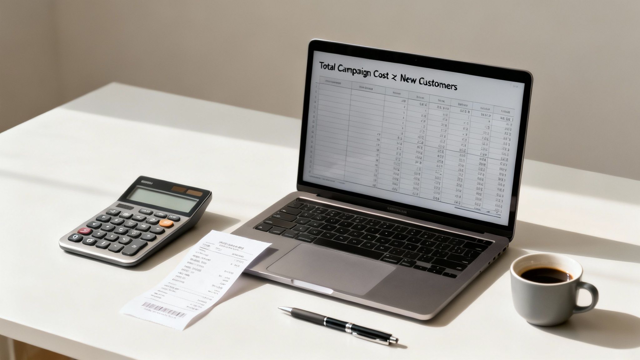 A calculator and a pen resting on a financial document, symbolizing the process of calculating Cost Per Acquisition.
