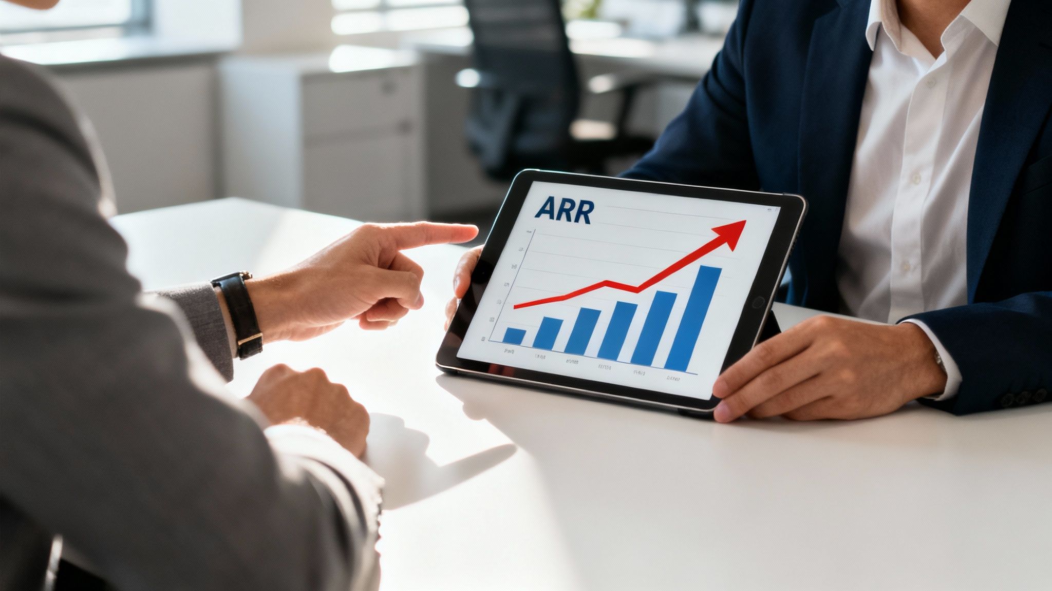 A group of marketing professionals collaborating around a table with laptops and charts, representing a specialized B2B SaaS marketing agency at work.