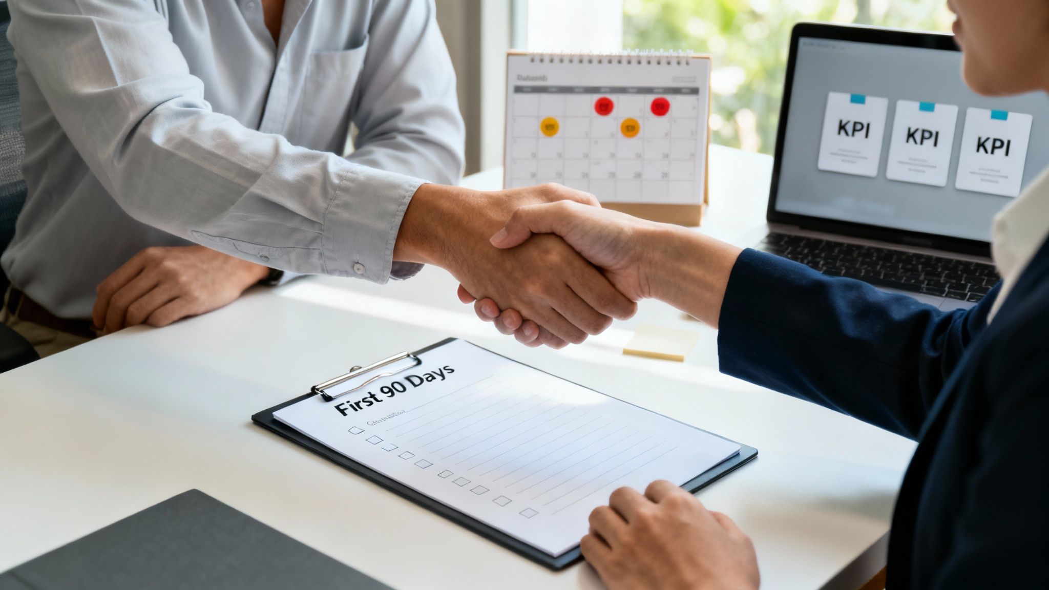 Two professionals shaking hands across a desk, symbolizing the start of a partnership with a B2B SaaS marketing agency.