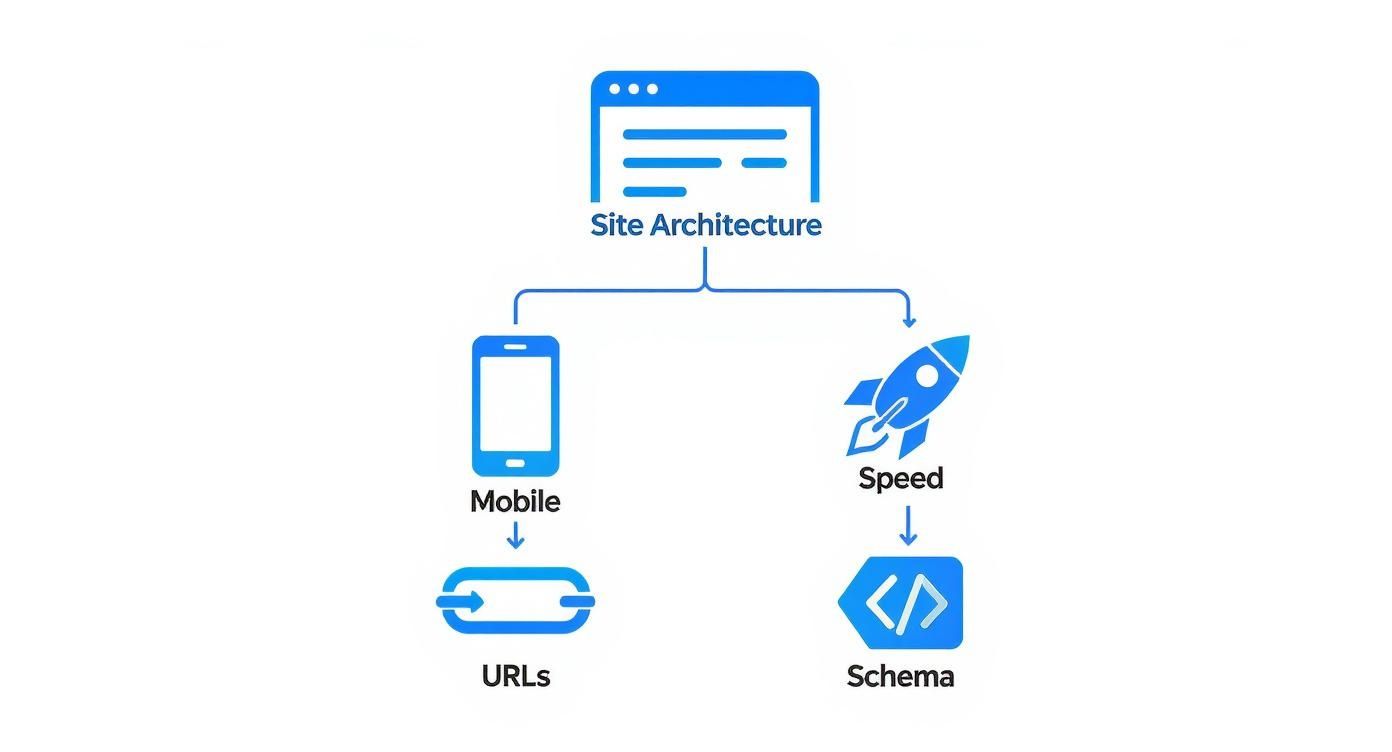 An infographic showing a hierarchy diagram for a technical SEO foundation. At the top is the website, branching down to mobile experience and site speed, which then lead to URLs and schema markup.
