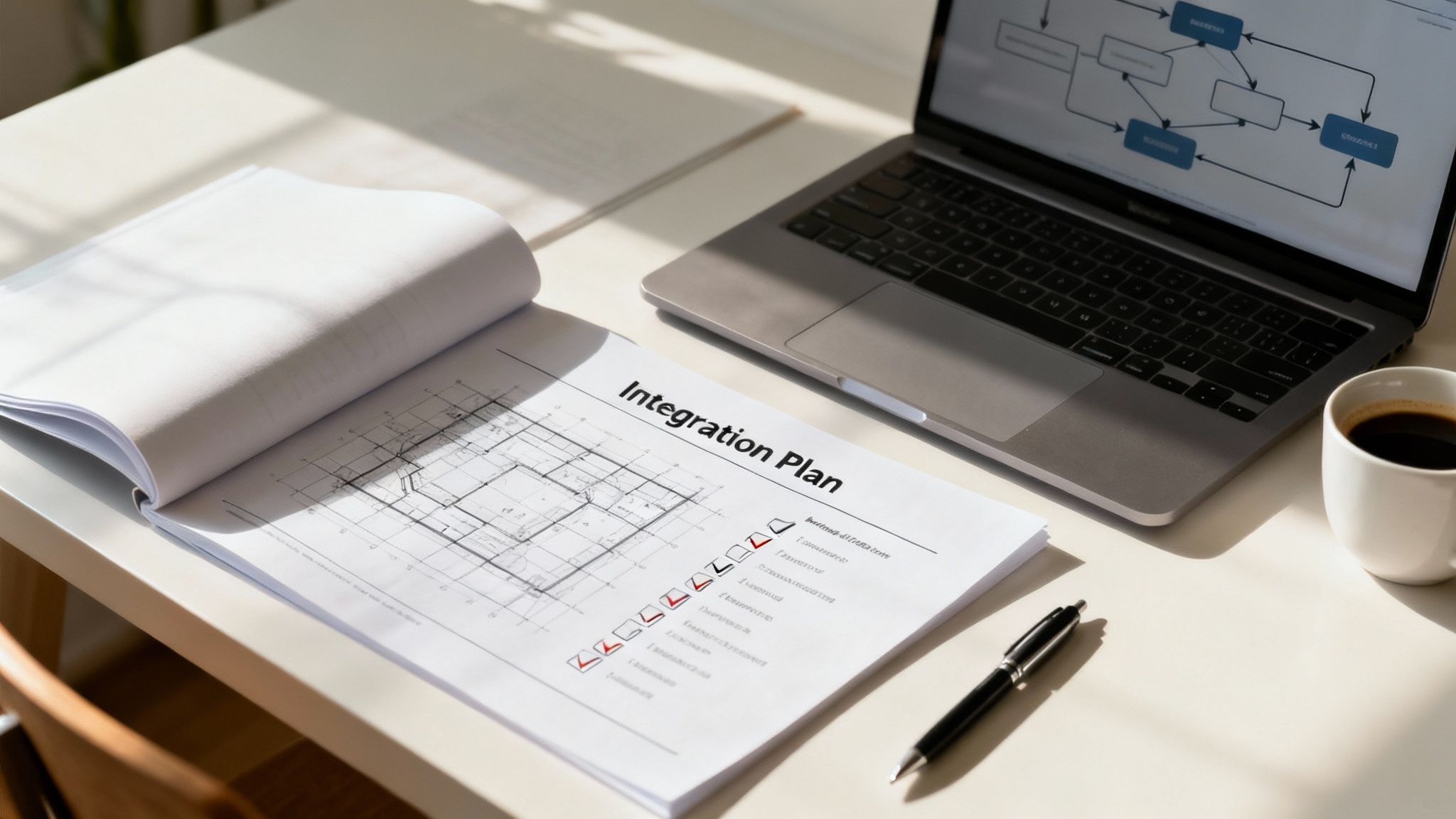 People collaborating on a blueprint for CRM integration