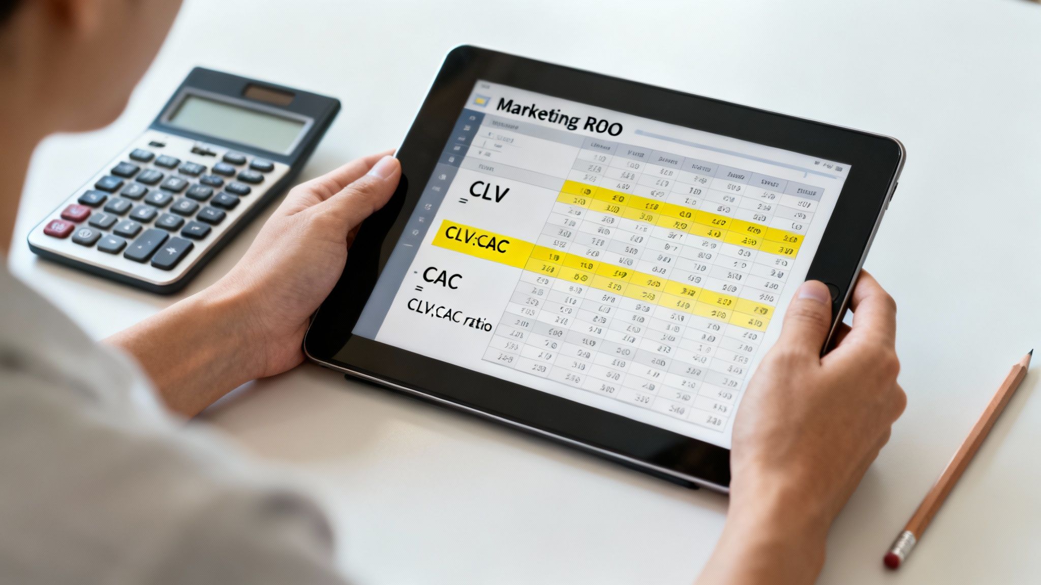 A person pointing at a screen showing various marketing charts and graphs