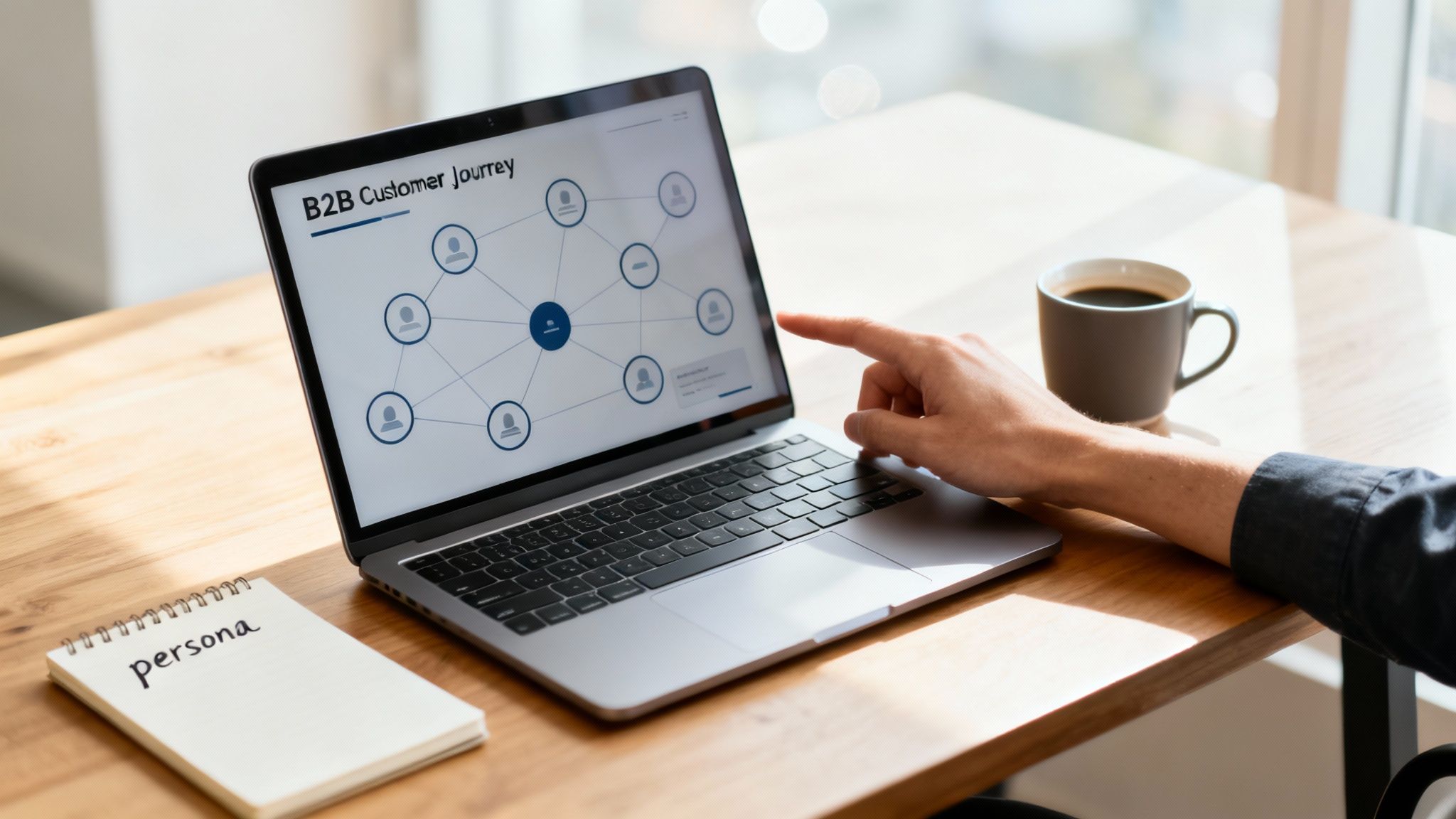 A team collaborating on a B2B customer journey map using sticky notes on a whiteboard.