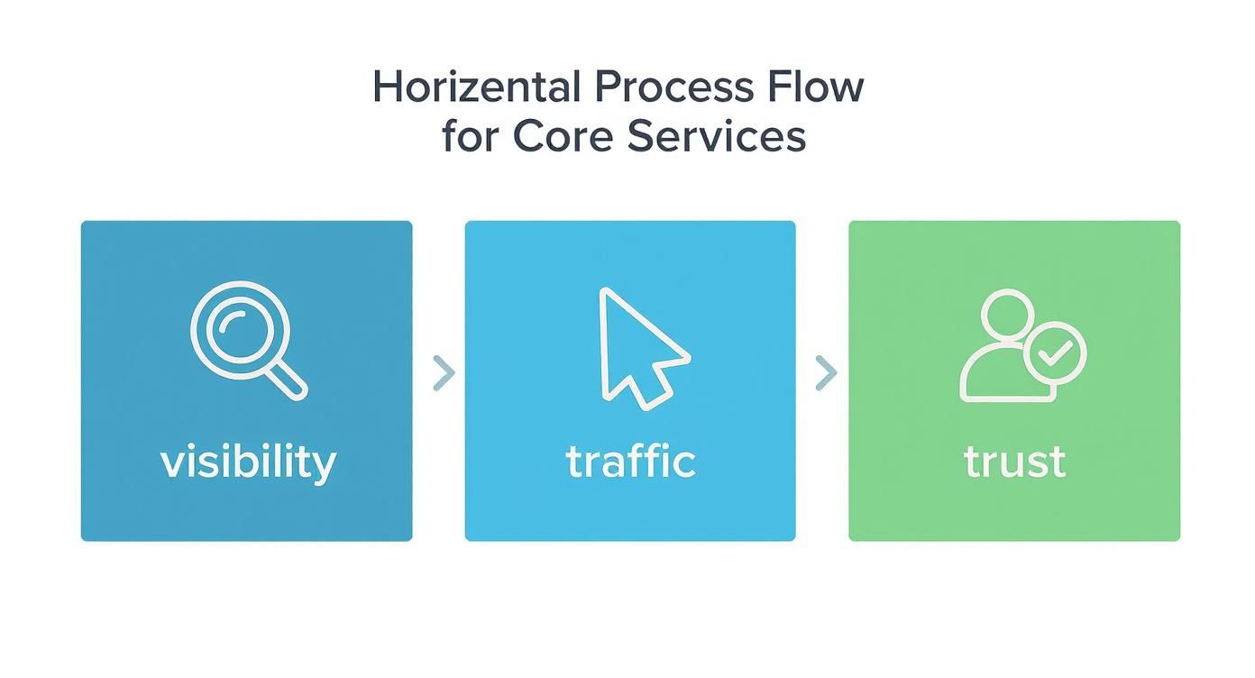 Infographic showing the process flow of digital marketing core services Visibility, Traffic, and Trust.
