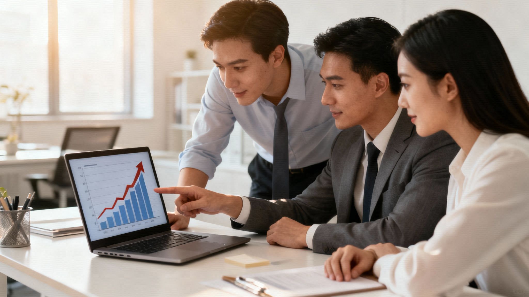 A team of digital marketing professionals collaborating in a modern office setting, representing an agency's strategic teamwork.