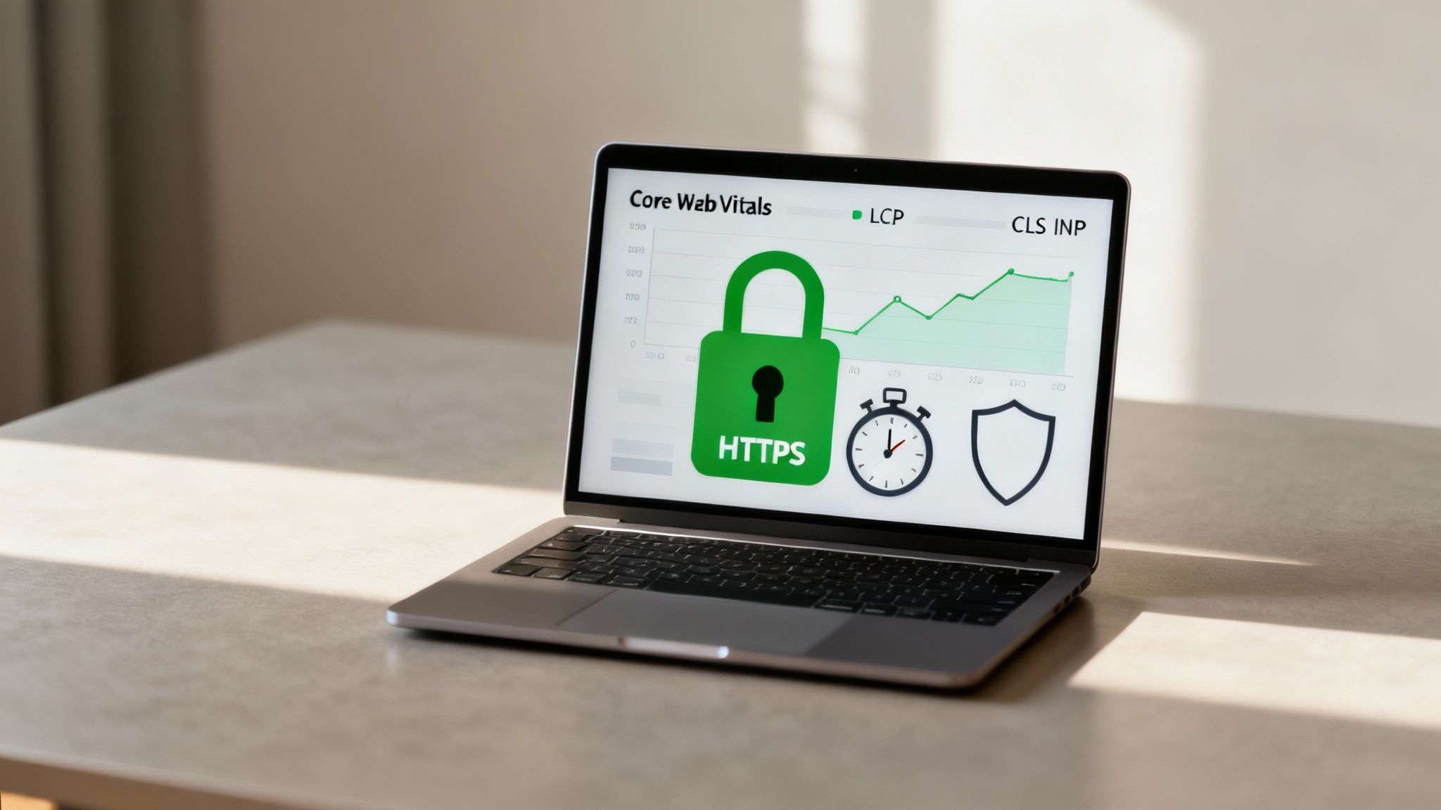 A shield and a speed gauge representing security and performance.