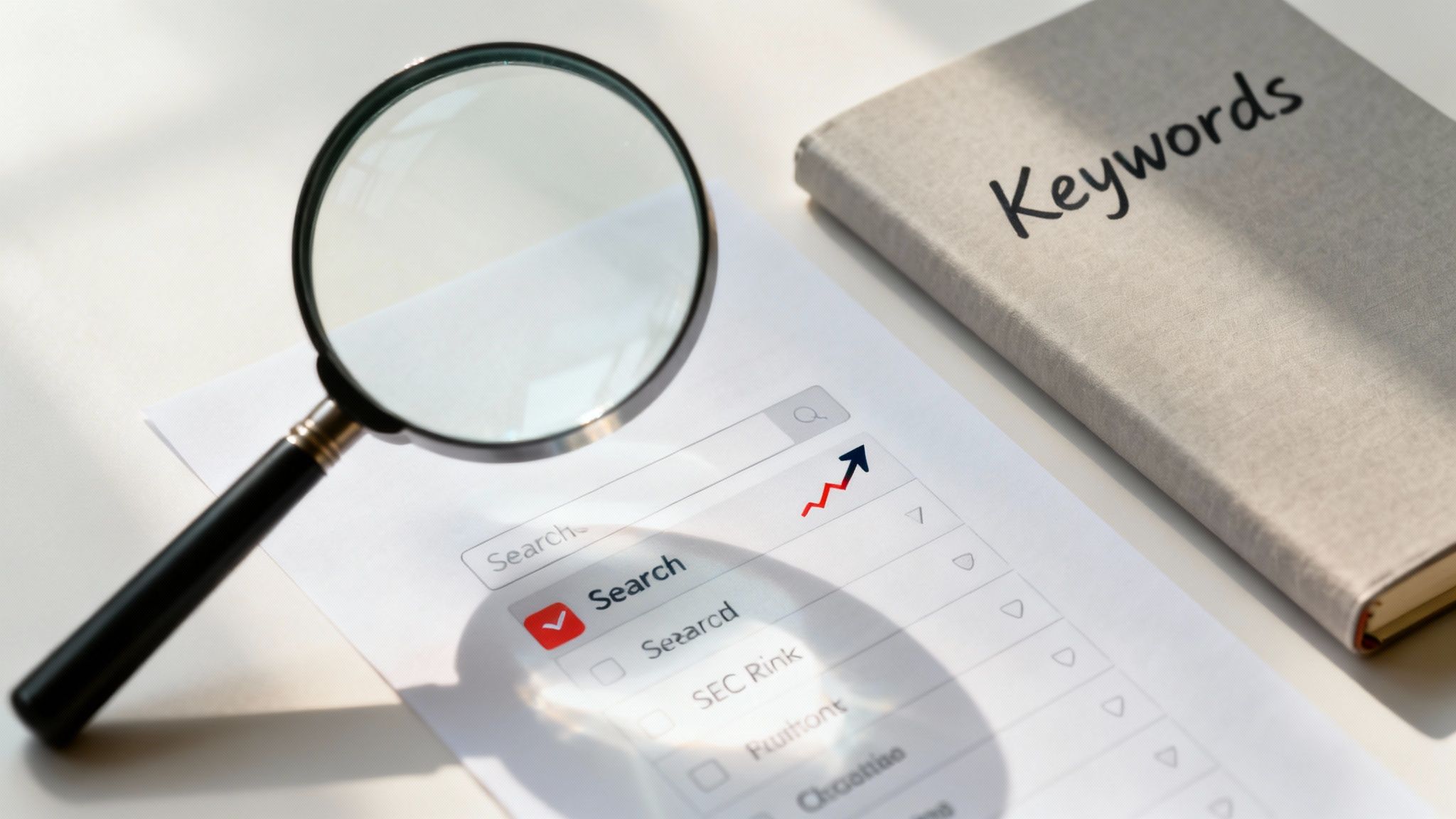 Magnifying glass, keywords notebook, and search engine optimization concept with upward growth arrow