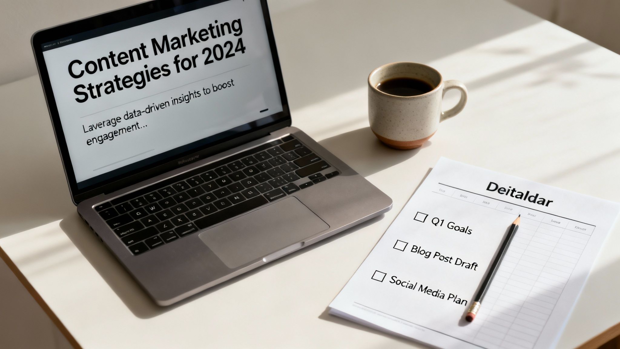 Laptop displaying content marketing strategies for 2024 with checklist and coffee on desk