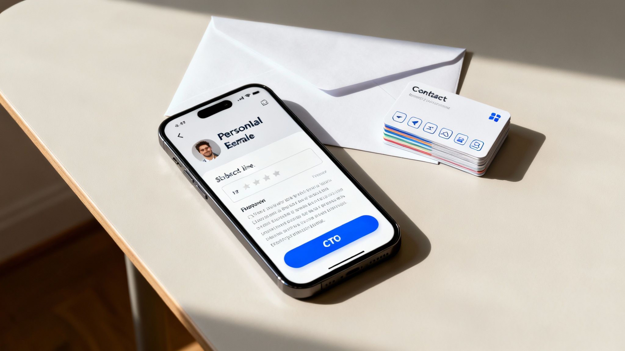 Smartphone displaying personal email template next to modern business contact cards on minimal desk