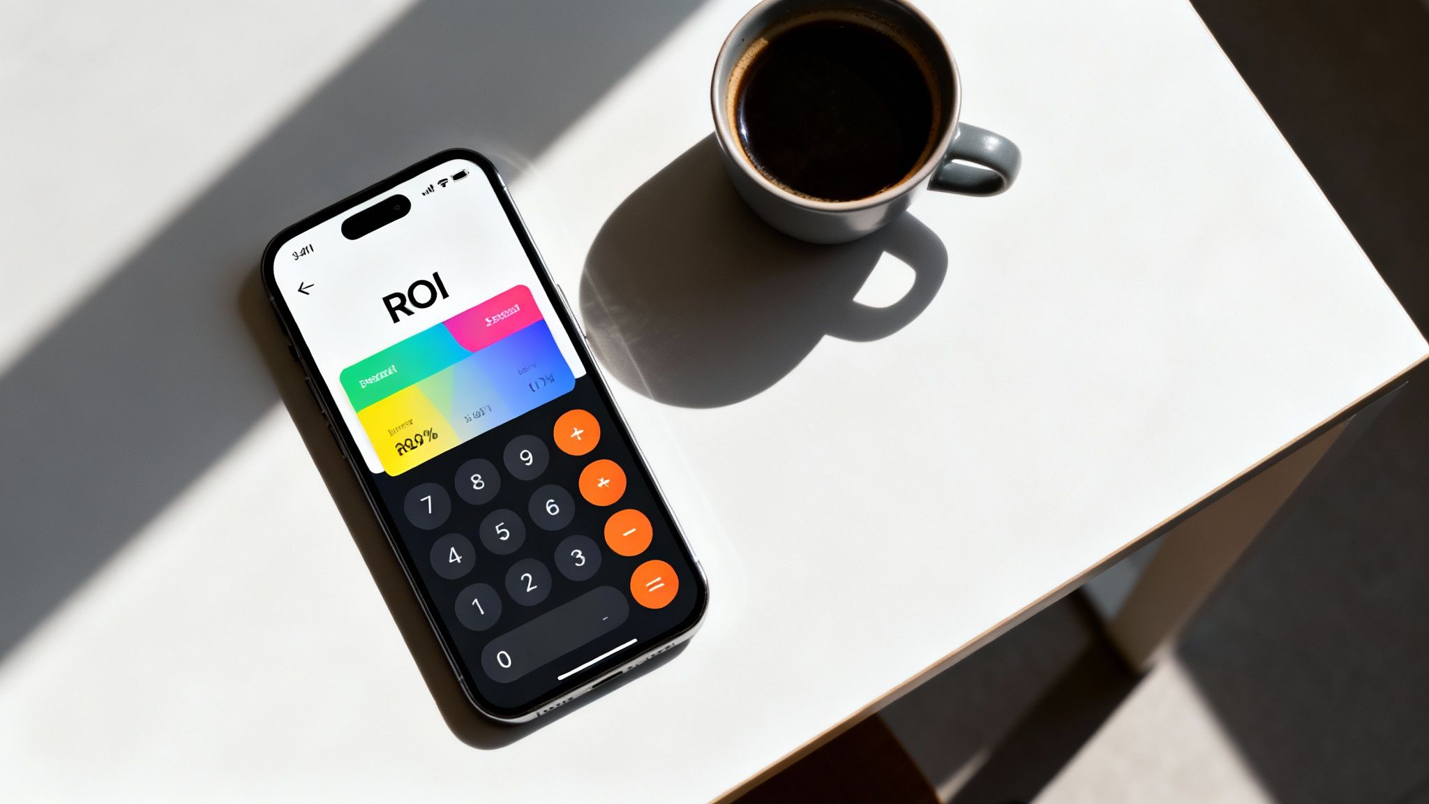 Smartphone displaying ROI calculator app with colorful charts next to coffee cup on desk
