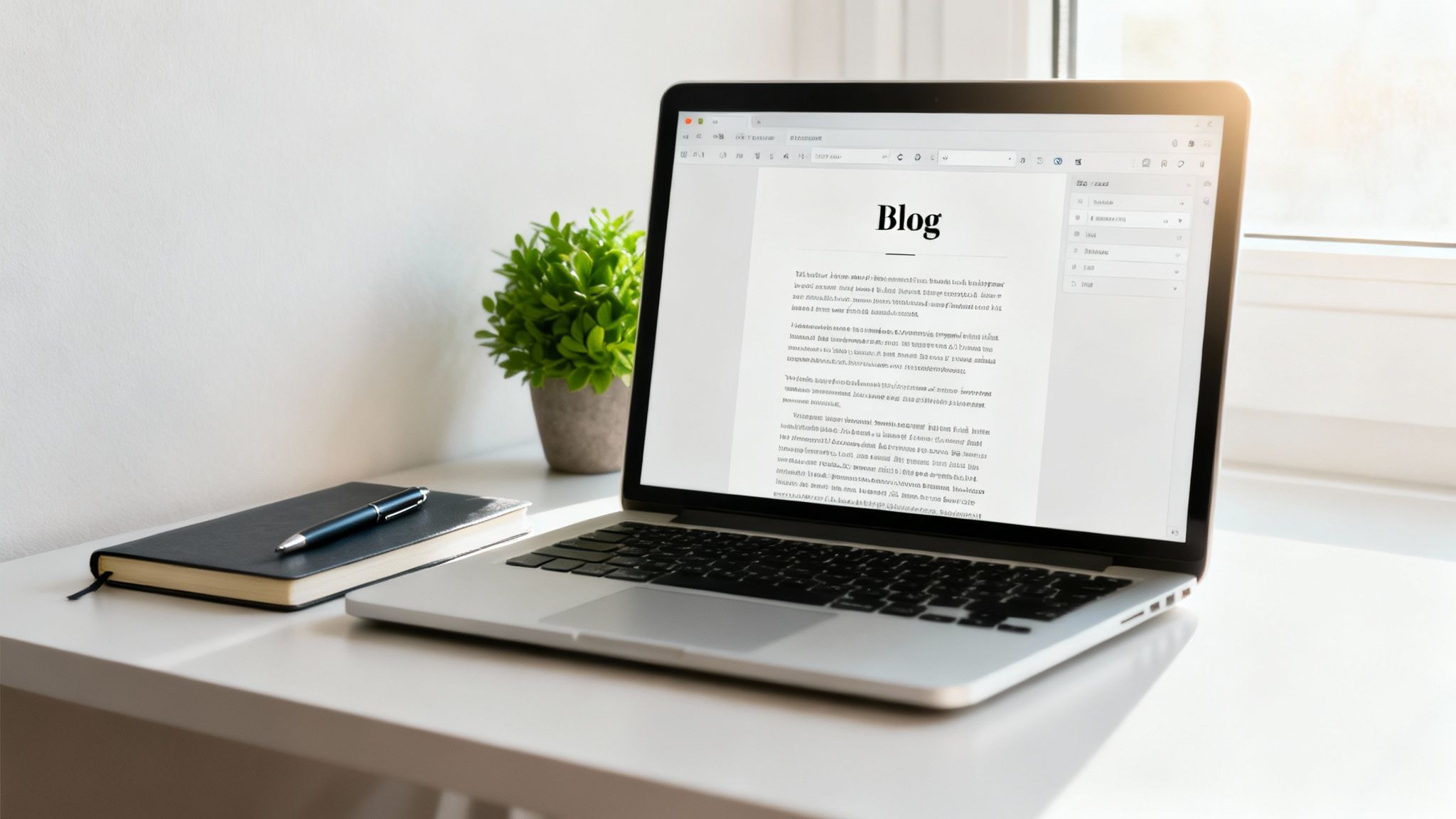 Laptop displaying blog webpage with notebook, pen, and green plant on white desk workspace