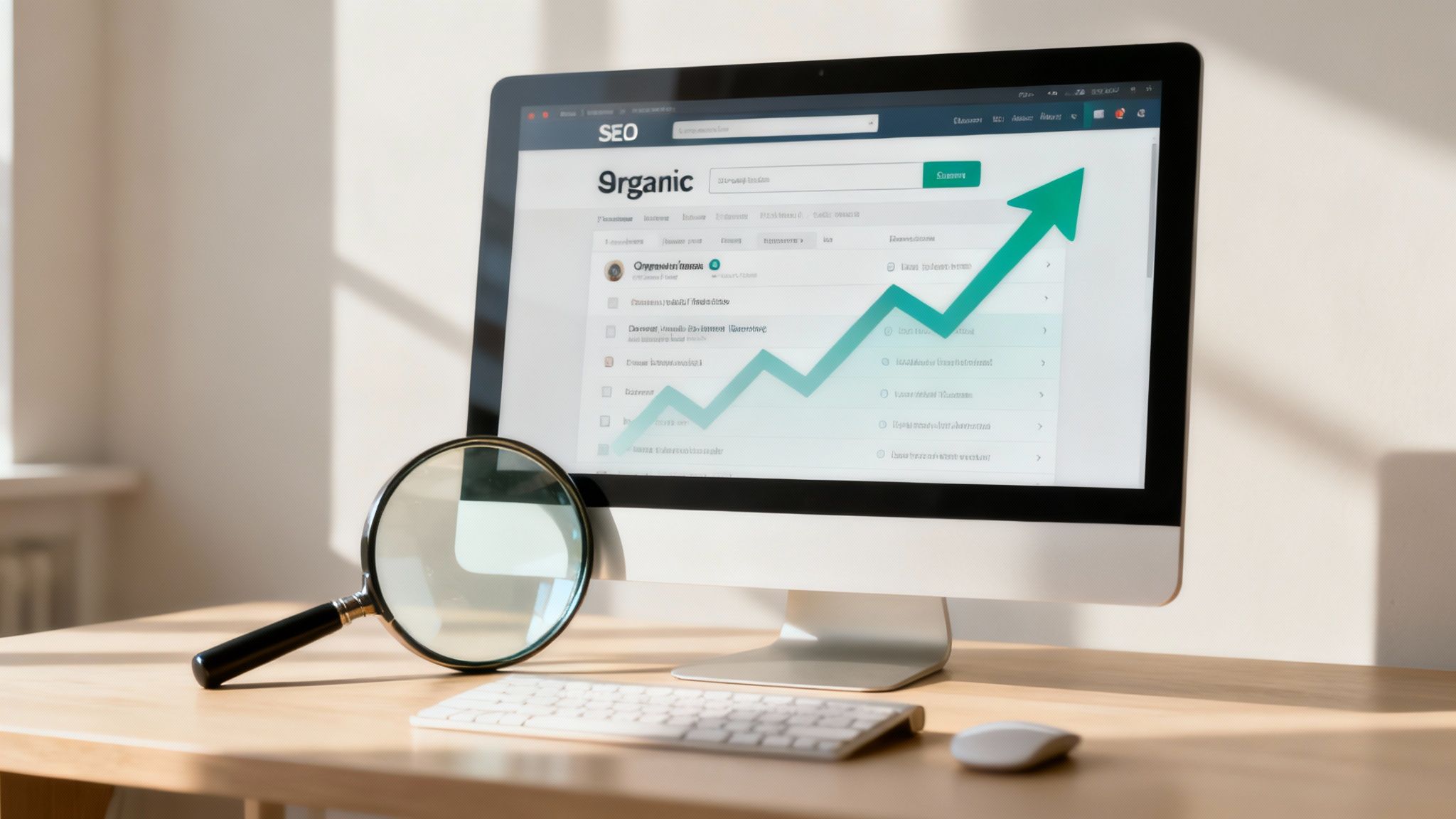 Computer monitor displaying organic SEO analytics dashboard with upward trending growth chart and magnifying glass