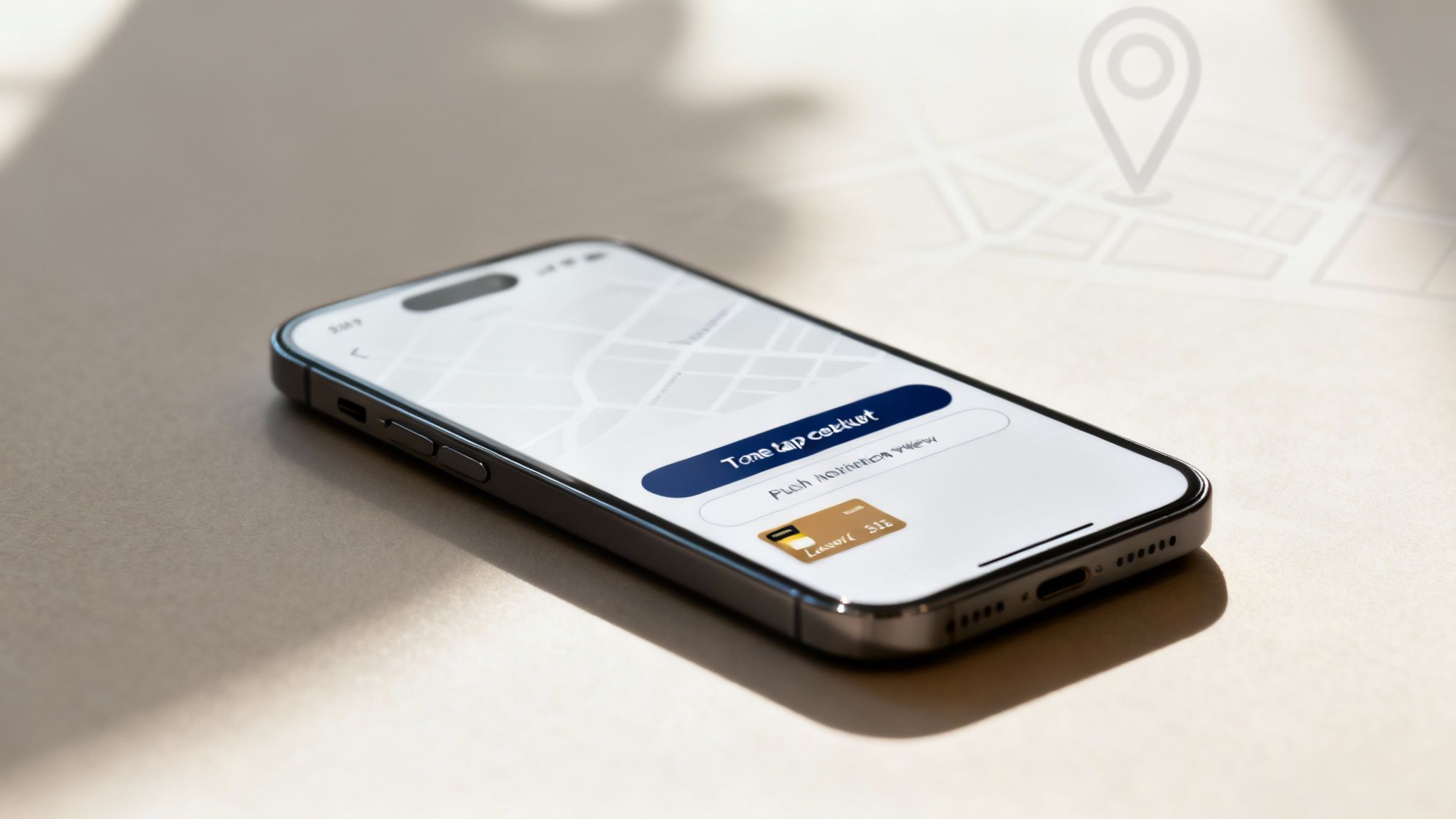 Smartphone displaying taxi cab booking app with map interface and payment card icon