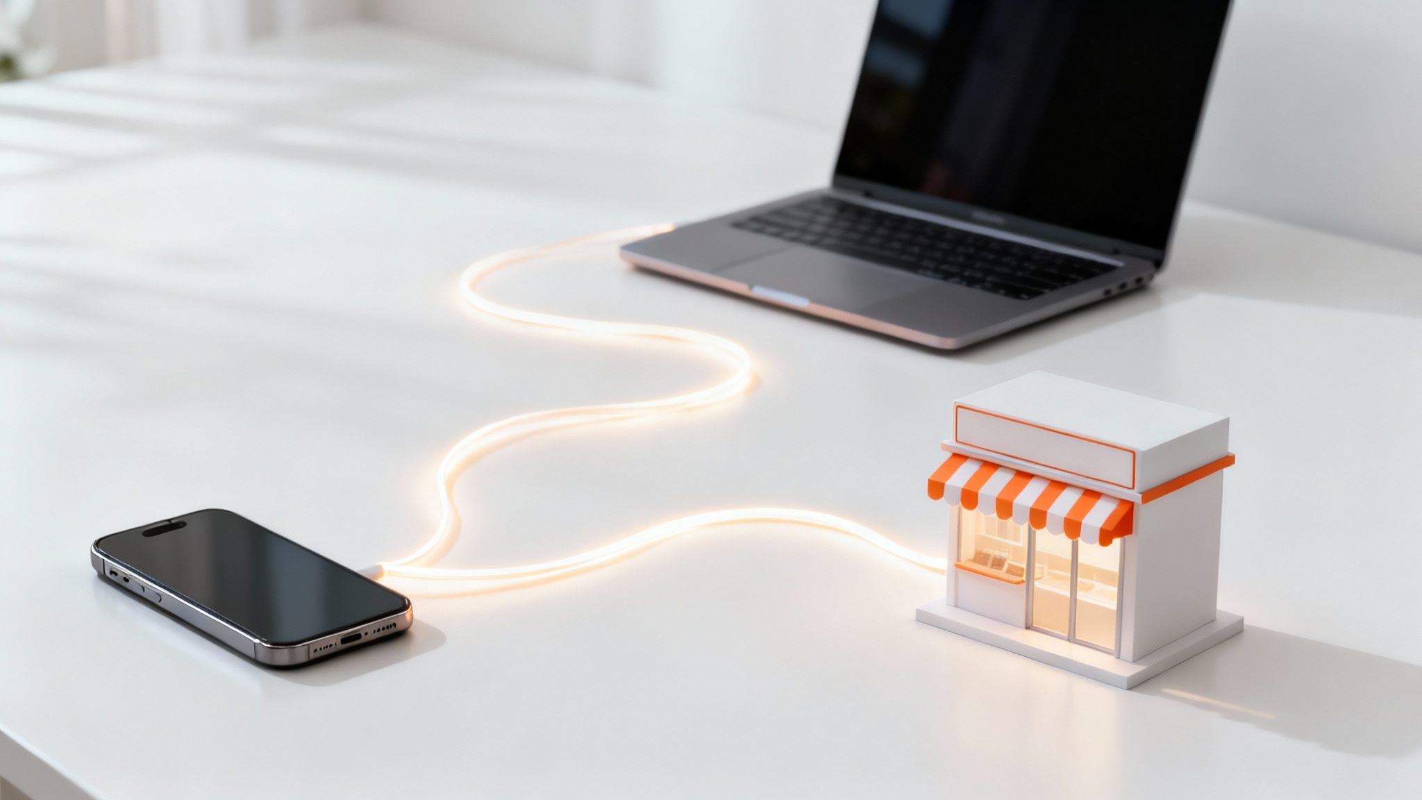 Smartphone connected to miniature storefront model representing multi-channel marketing integration and digital commerce strategy