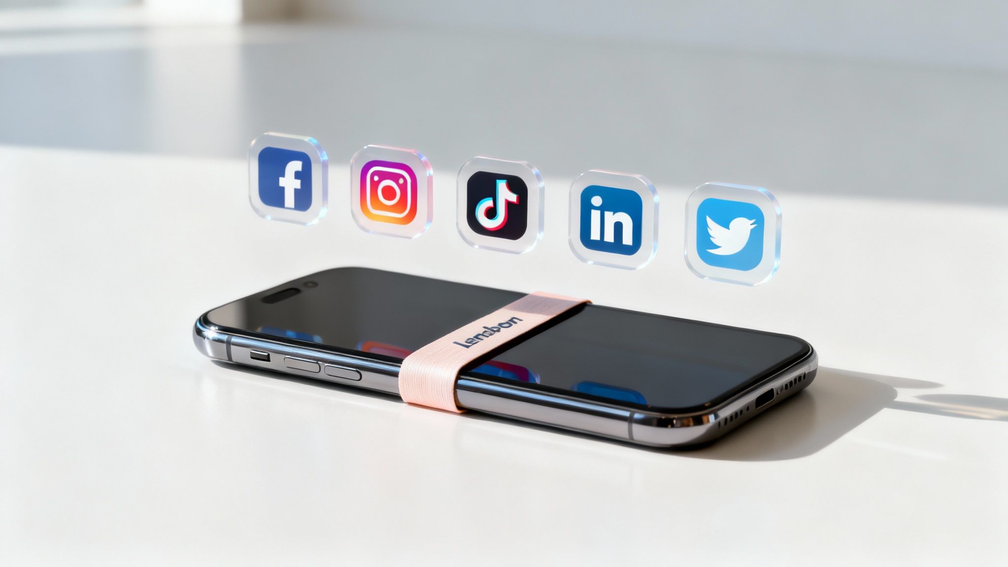 Two smartphones with social media app icons including Facebook, Instagram, TikTok, LinkedIn, and Twitter floating above
