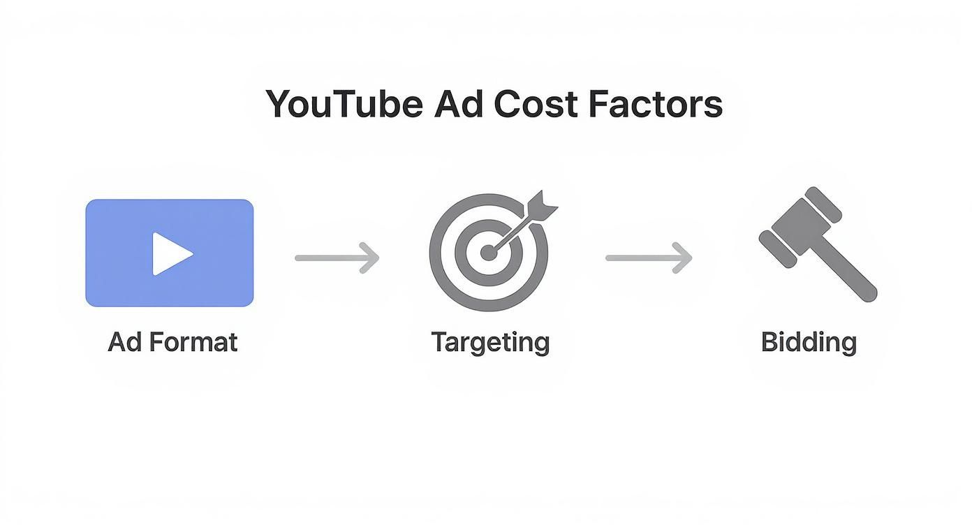 YouTube advertising cost factors diagram showing ad format, targeting options, and bidding strategy workflow