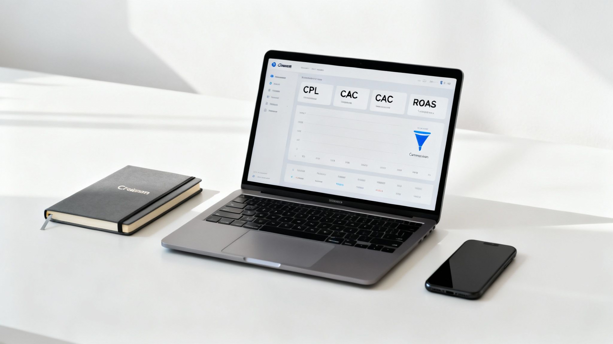 Laptop displaying marketing analytics dashboard with CPL CAC ROAS metrics and conversion funnel on white desk