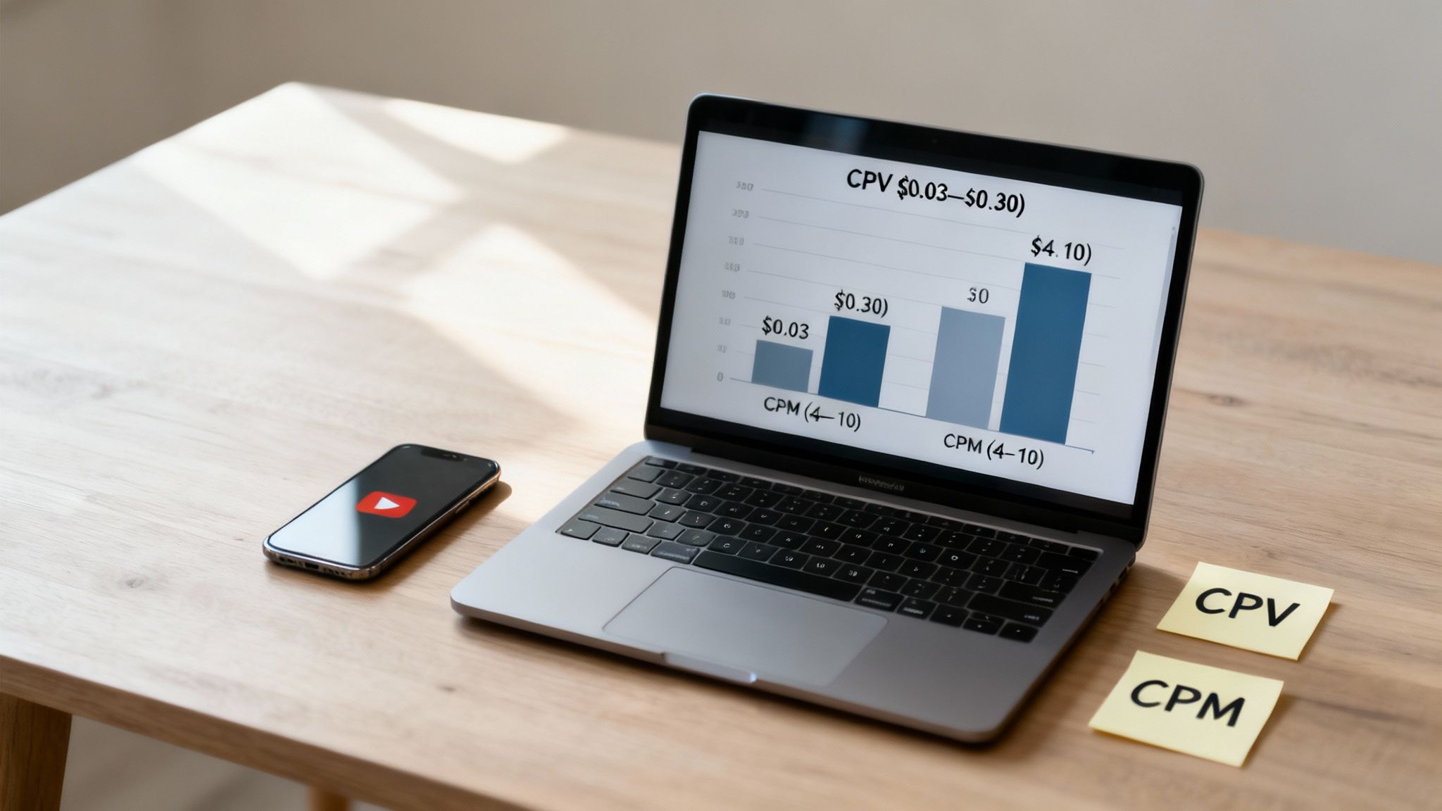 Laptop displaying YouTube advertising cost metrics CPV and CPM comparison bar chart
