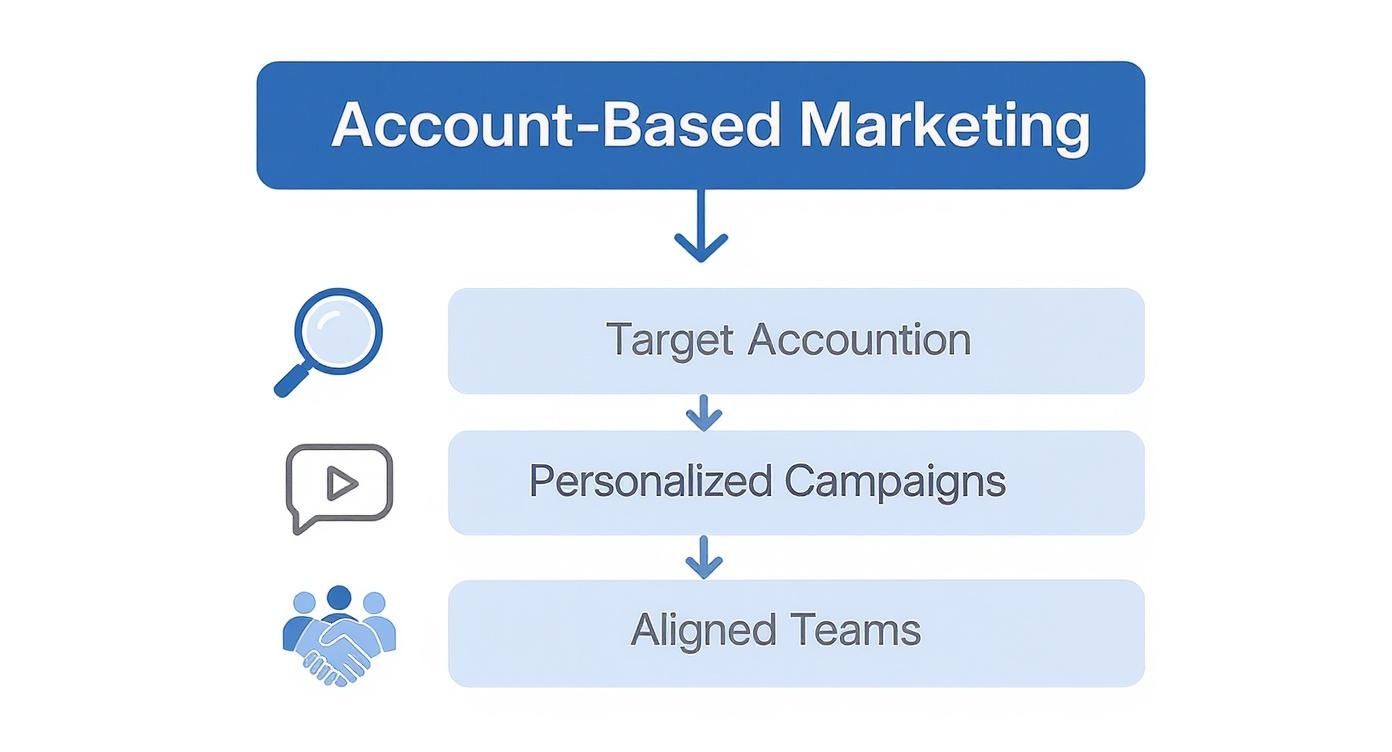 Account-based marketing flowchart showing target accounts, personalized campaigns, and aligned teams strategy diagram