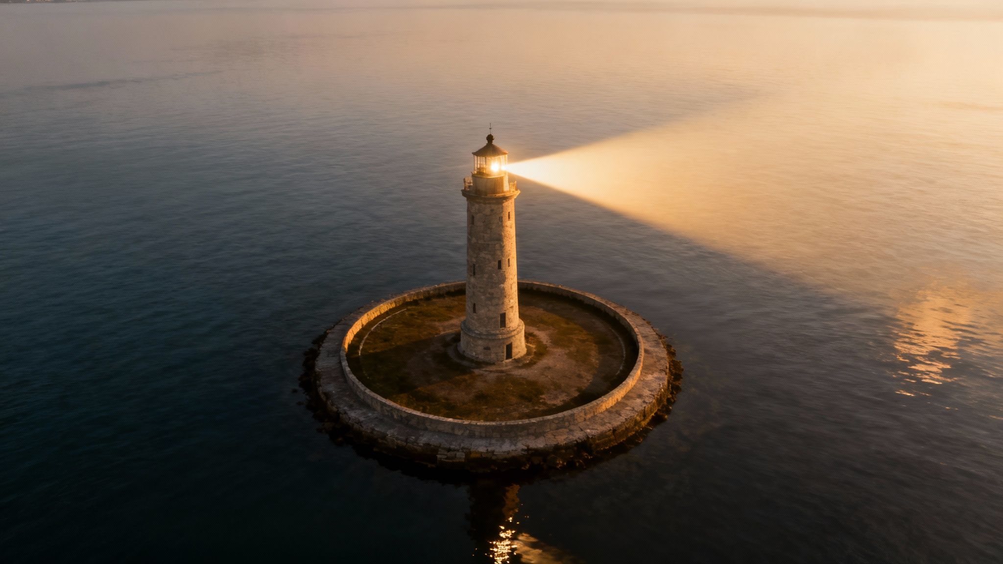 A majestic lighthouse emits a bright beam of light across tranquil waters at sunset.