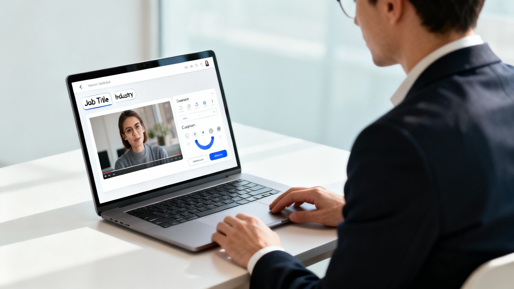 Professional man on laptop creating social media video content featuring a woman and industry tags.