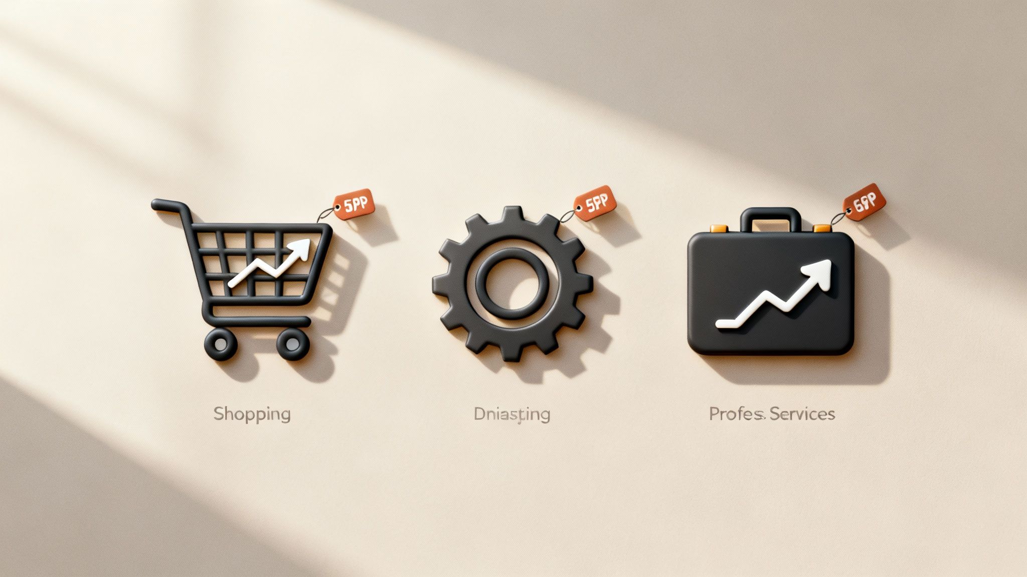 Three 3D icons: a shopping cart, a gear, and a briefcase, representing services with upward trends and price tags.