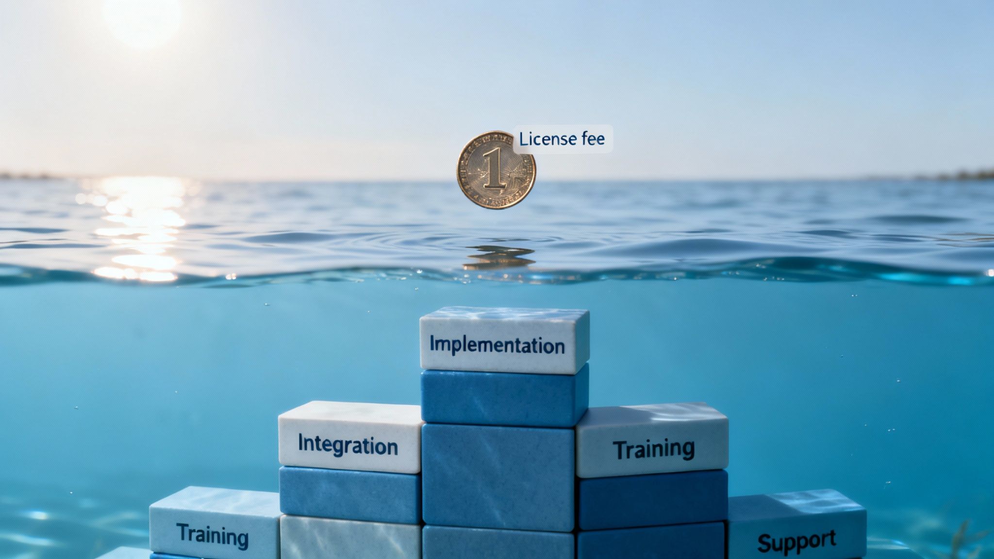 A coin labeled "License fee" floats above water, while underwater blocks show "Integration," "Implementation," "Training," and "Support."