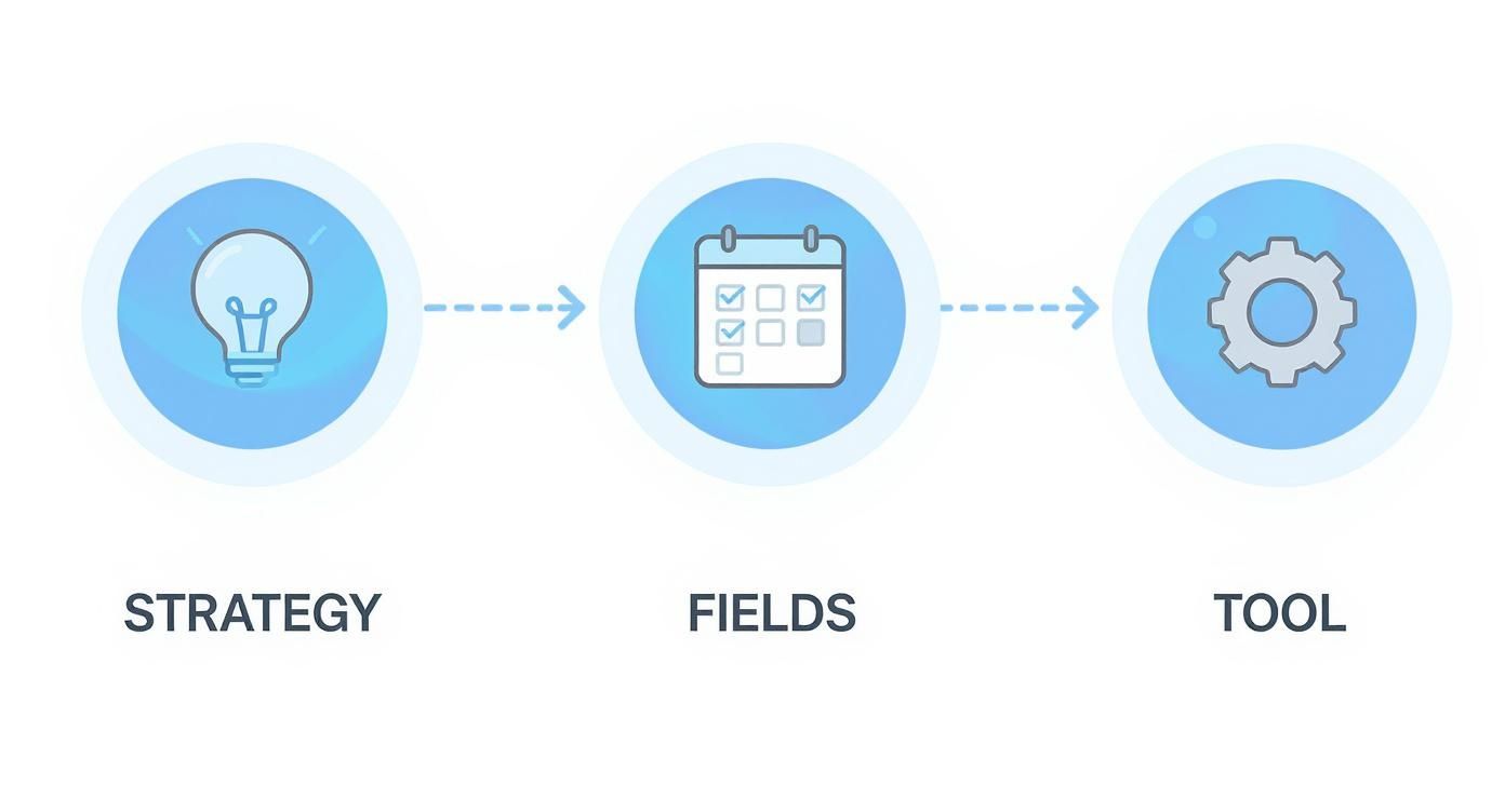 A visual representation of a three-step process: strategy (lightbulb), fields (calendar), and tool (gear).