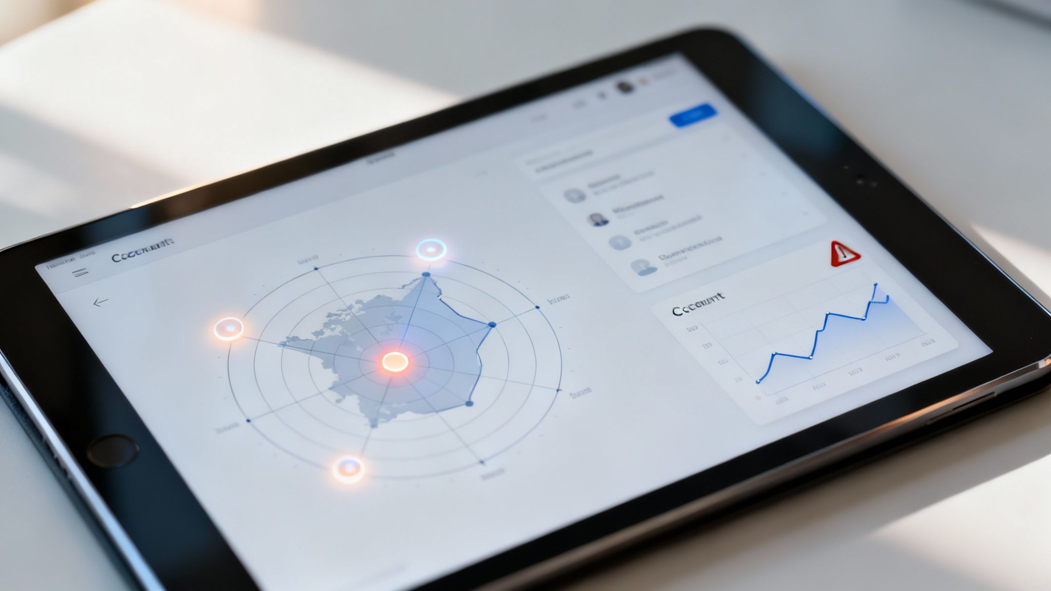 Close-up of a tablet screen displaying a data analytics dashboard with charts and a map.