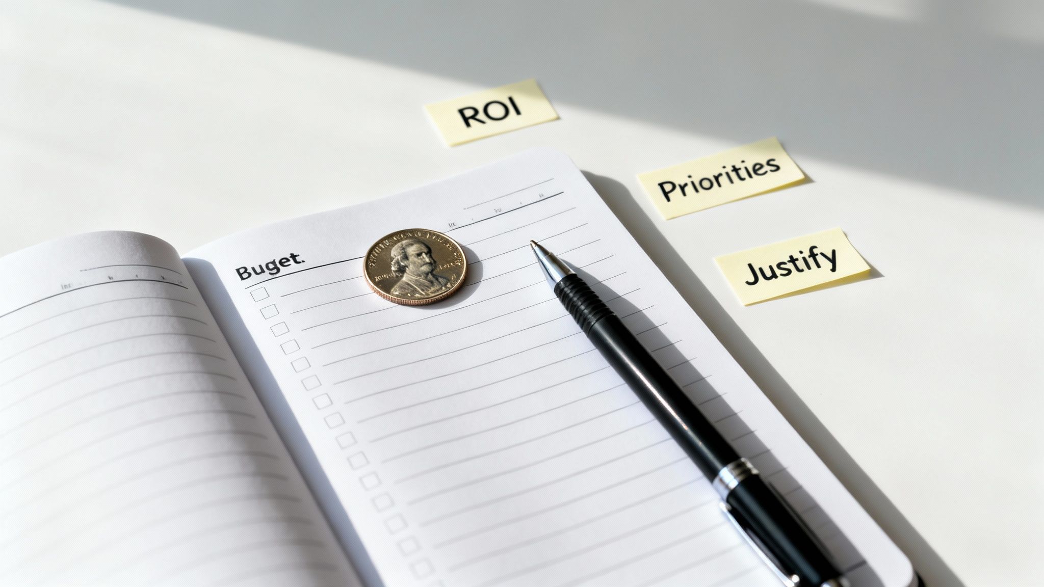 Open notebook with 'Buget.', a coin, pen, and sticky notes saying 'ROI', 'Priorities', 'Justify'.