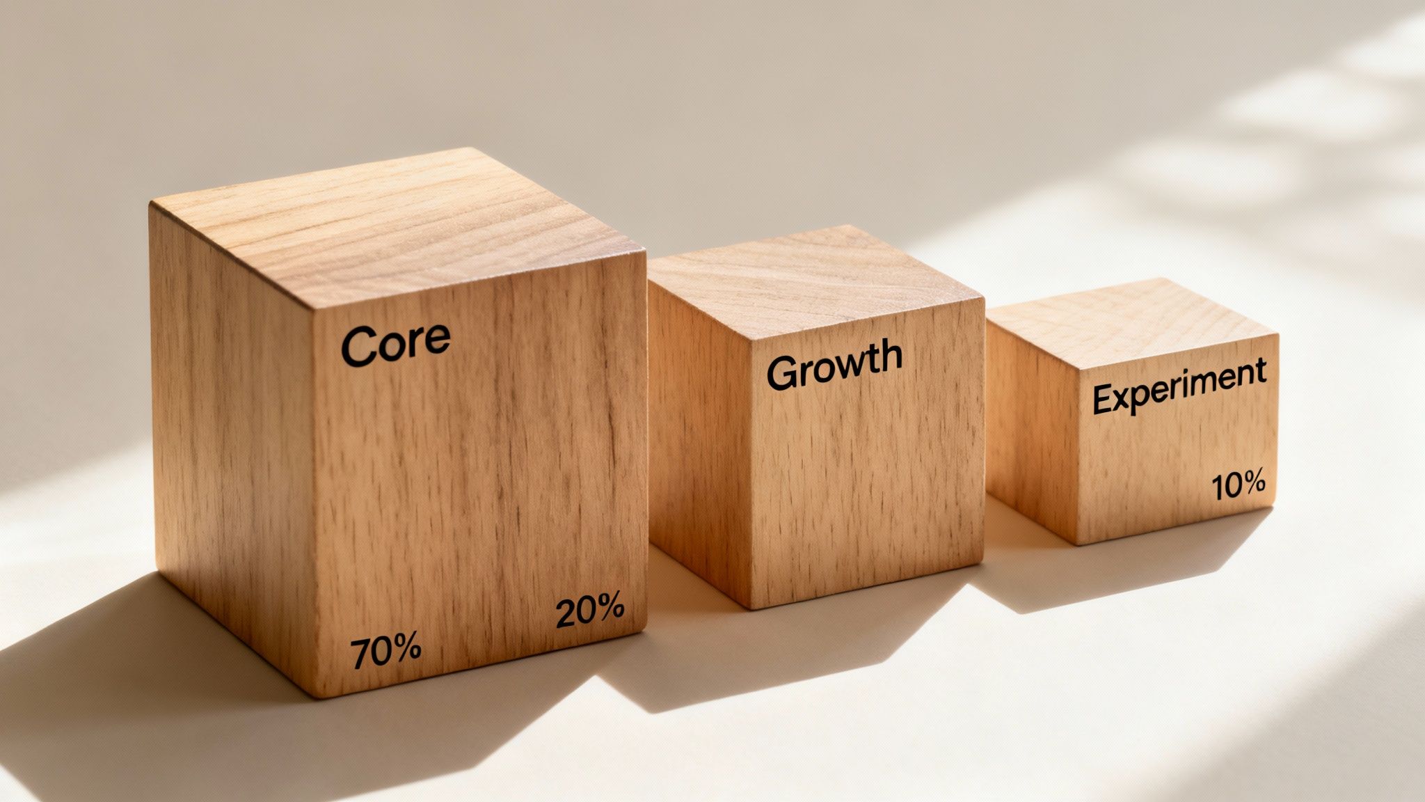 Three wooden blocks showing strategic budget allocation for Core (70%), Growth (20%), and Experiment (10%).