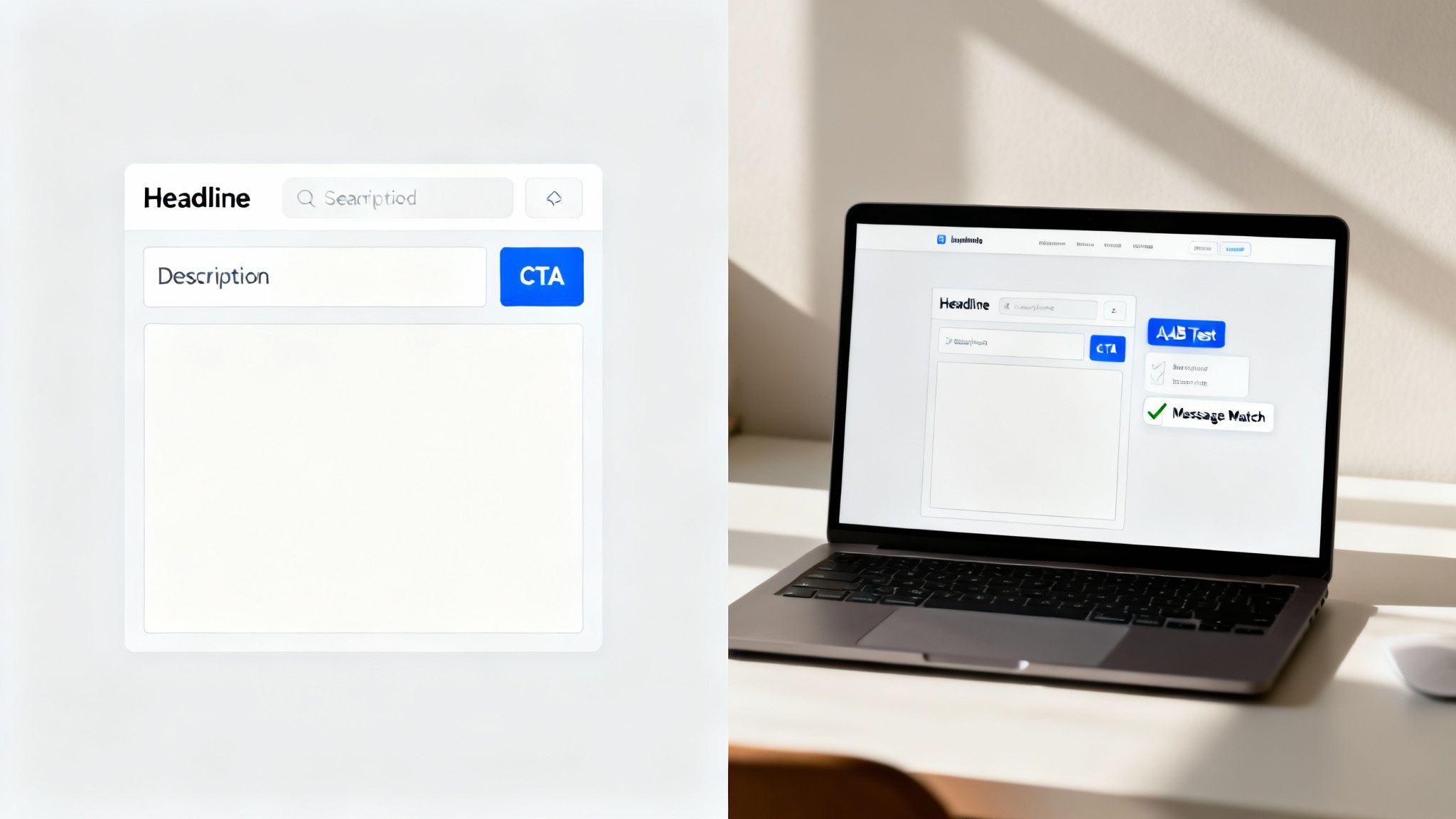 A UI template for creating content with headline, description, CTA, and A/B testing features, on a laptop.