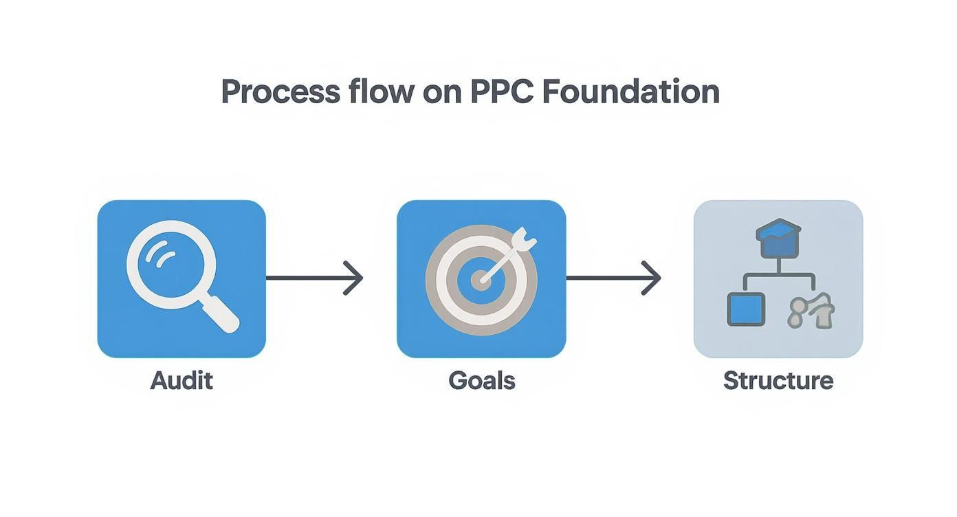 Process flow diagram outlining the foundational steps for PPC: Audit, Goals, and Structure.