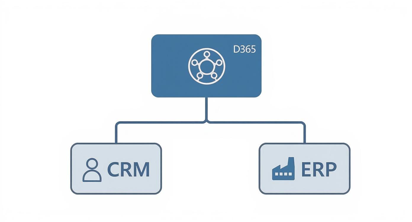 A diagram illustrating Microsoft D365 as a hub connecting CRM and ERP functionalities.