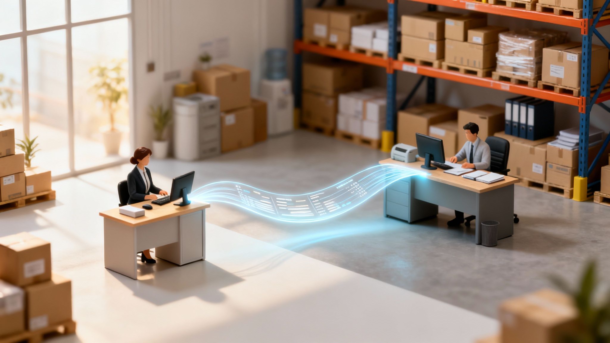 Two miniature figures in a warehouse office, showing digital data transfer between their computers.