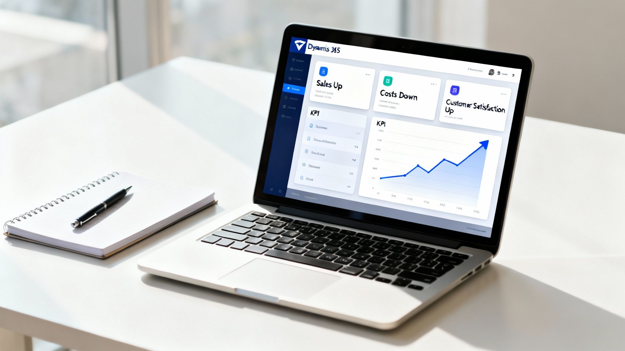 A laptop on a desk showing a Dynamics 365 business dashboard with KPIs, next to a notebook and pen.