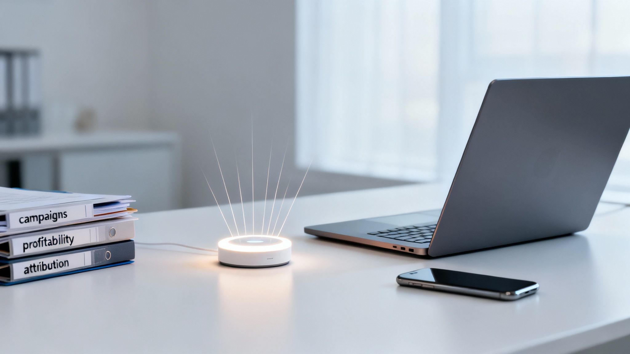 Modern office workspace with marketing binders, laptop, and glowing smart device.