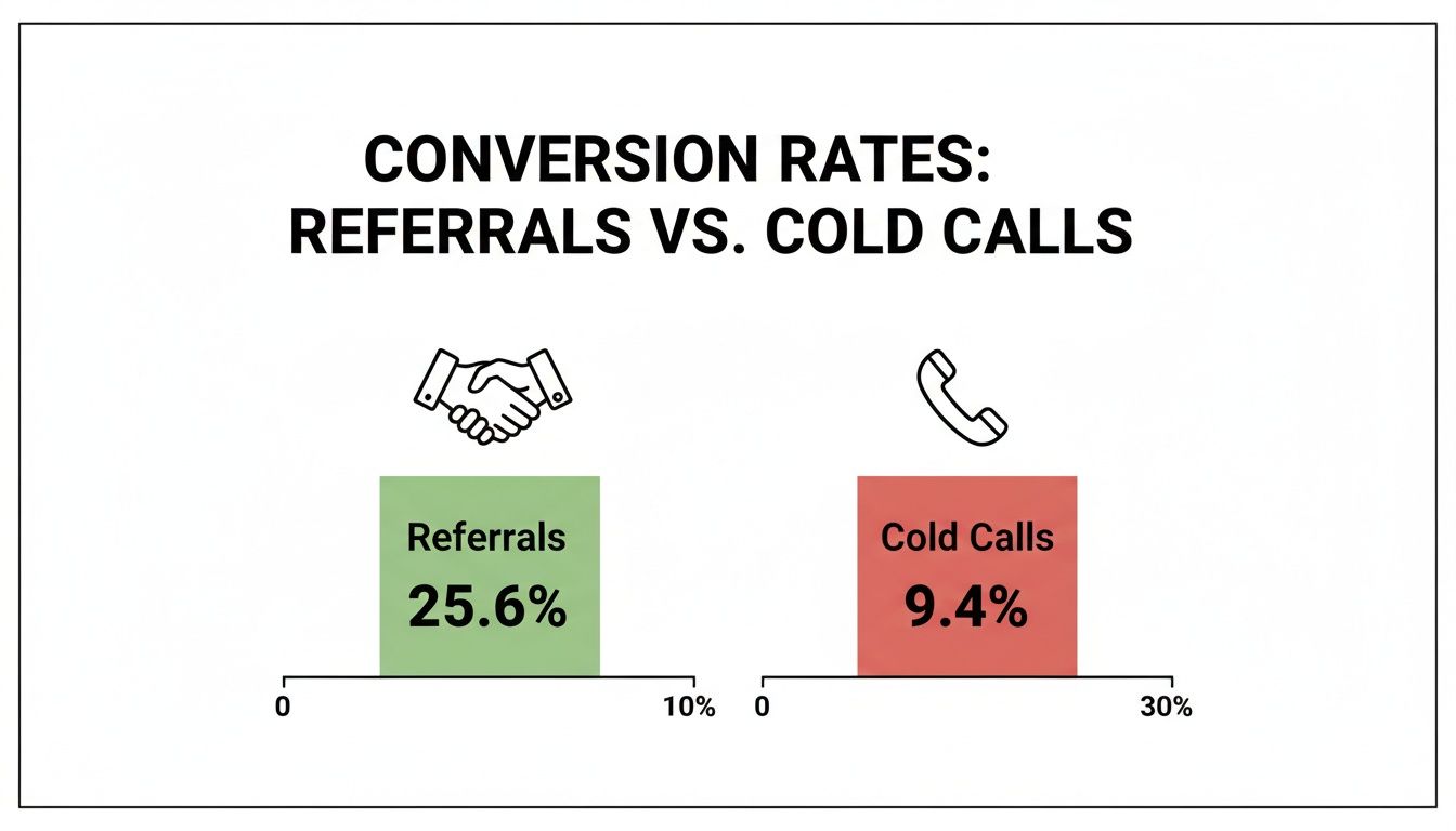Bar chart comparing conversion rates for Referrals (25.6%) versus Cold Calls (9.4%).